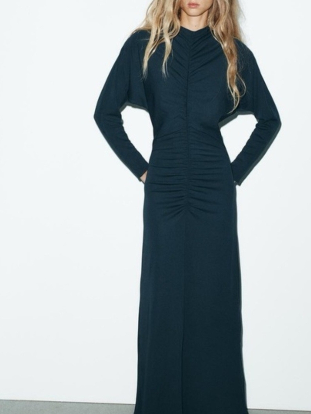 Zara Navy Ruched Long Sleeve Maxi Dress
